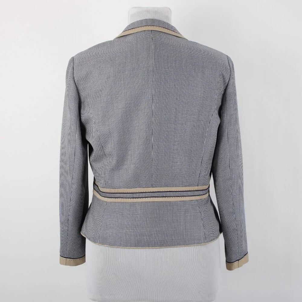 Carlisle Sz 16 Navy Blue White Brown Faux Pockets Lined Silk Wool Cotton Jacket - Picture 8 of 12